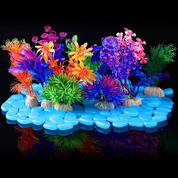 Jexine 100 Pcs Fish Tank Rocks Glow Blue, Fish Tank Stones Accessories with 10 Pack Artificial Aquatic Plants