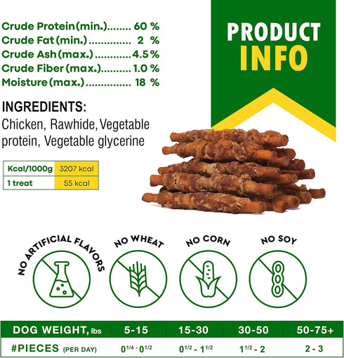 Dog Smoked Rawhide Sticks Wrapped Chicken & Natural Chew Treats - Grain Free Healthy Snacks for Small & Large Dogs