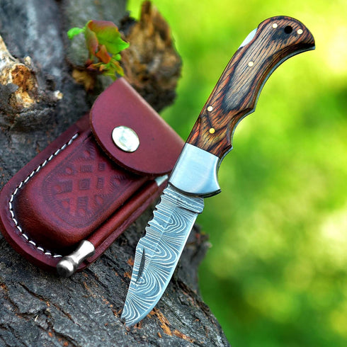 Handmade Damascus Pocket Knife for Men - 6.5 Inches Damascus Folding Knife with Sheath - Pocket Knives and Folding Knives with Back Lock - Best for EDC, Camping, Fishing and Hiking, Brown, HA786 by HA Handmade Knives