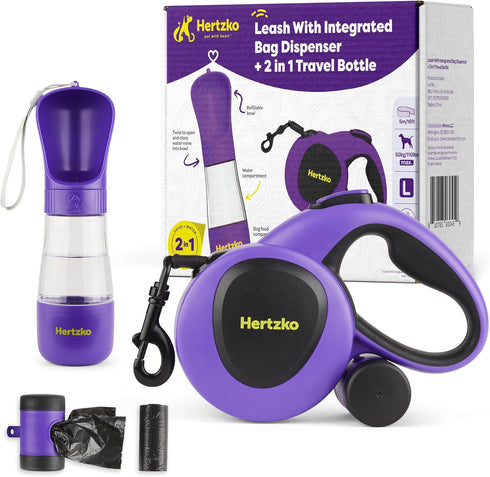 Hertzko Heavy Duty Retractable Dog Leash with Built-in Poop Bag Holder & Water Dispenser - Purple & Black, 16 Ft