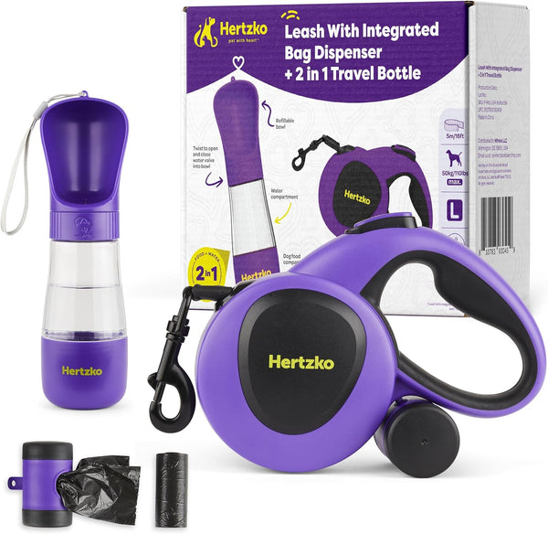 Hertzko Heavy Duty Retractable Dog Leash with Built-in Poop Bag Holder & Water Dispenser - Purple & Black, 16 Ft