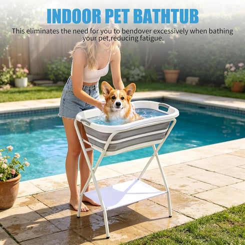GDIFLS 38.8 Inch Foldable Pet Bathtub with Stand - Height Elevated Bathing Tub for Cats & Small Dogs, Drainage Tube
