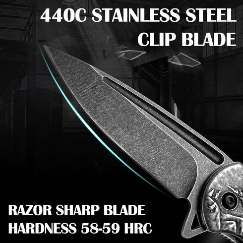 MADSABRE Wolf Pattern Folding Pocket Knife - Stone Washed Steel Handle, Liner Lock for Outdoor Camping and Hunting