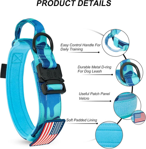 Hotsky Tactical Dog Collar, Adjustable Military Nylon with Handle, Airtag Holder for Medium Large Dogs, Blue Camo, L