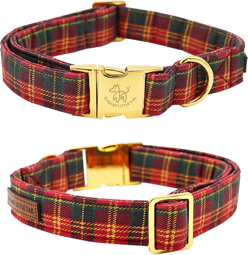 Elegant Little Tail Red Plaid Christmas Dog Collar with Flower, Holiday Pet Collar for X-Large Dogs