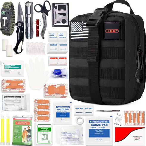 I GO Survival First Aid Kit, 251 Pieces Compact Tactical Trauma Bag for Outdoor Camping, Hiking, Travel