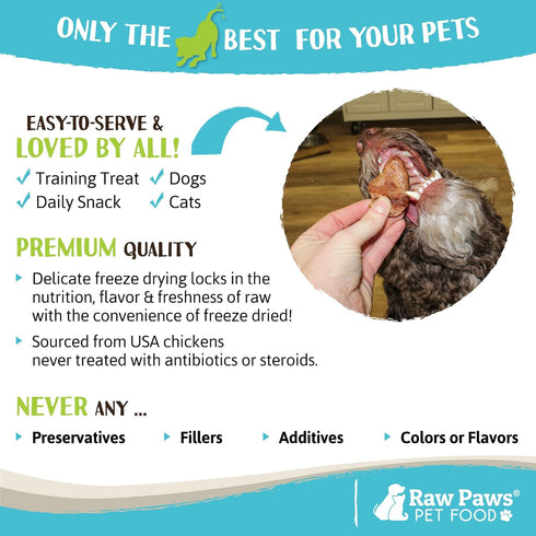 Raw Paws Freeze Dried Chicken Hearts for Dogs & Cats, 4-oz Whole, Made in USA, Single Ingredient Treats
