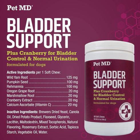 Pet MD Bladder Support Plus Cranberry for Dogs, Supports Bladder Control & Urinary Tract Health, 60 Count