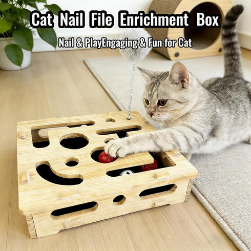 Pniotra Cat Nail File Enrichment Box with Bell Ball & Sandpaper Inside, Cat Scratch Puzzle Enrichment Box, Stress Free