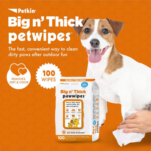 Petkin Big N' Thick Paw Wipes for Dogs, 100 Large Wipes for Cleaning Dirty Paws After Walks, Orange Scent