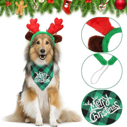 SATINIOR 4 Pcs Adjustable 3D Christmas Dog Santa Hat - Classic Buffalo Plaid Scarf, Reindeer Antlers Headband for Pets