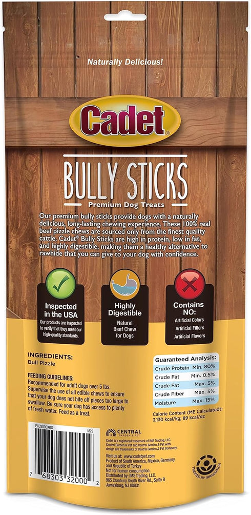 Cadet Bully Sticks for Small, Medium and Large Dogs, All-Natural Beef Pizzle, High Protein, 4 Count
