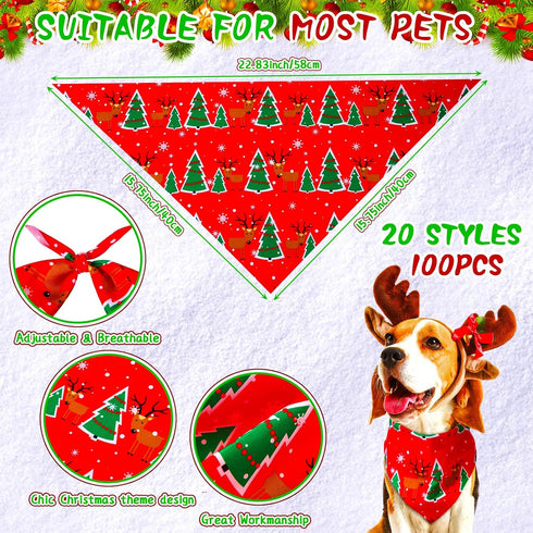 Locmeo 100 Pcs Christmas Dog Bandanas Bulk Xmas Dog Bandanas Adjustable Santa Claus Gingerbread Man Deer Pattern Pet