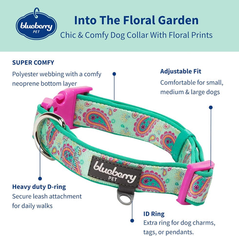 Blueberry Pet Soft & Comfy Paisley Flower Dog Collar, Neoprene Padded, Emerald Green, Large, Neck 18-26, Dog Collars