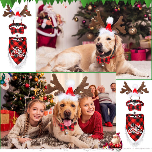 6 PCs Dog Christmas Costume Elk Reindeer Antler Headband Buffalo Plaid Bandana Bow Tie Triangle Pet Scarf Outfit Bib