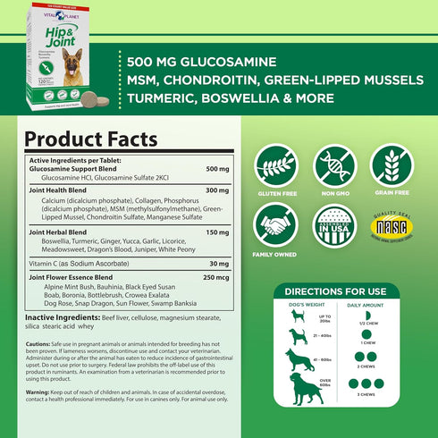 Vital Planet Natural Hip and Joint Supplement for Dogs, Herbal Blend with Green Lipped Mussel, MSM, Glucosamine (120