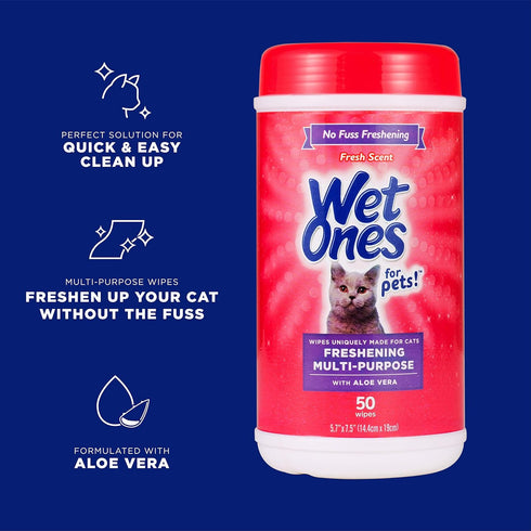 Wet Ones for Pets Freshening Wipes for Cats, Aloe Vera Fresh Scent, Easy to Use Cat Cleaning Wipes, 50 Count