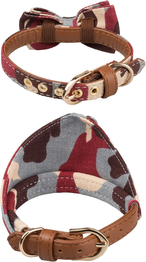 Small Dog Collar Puppy Cat Tiny Pet Bow Tie & Bandana Set, 2pcs PU Leather Canvas Scarf, Durable Camo-Red
