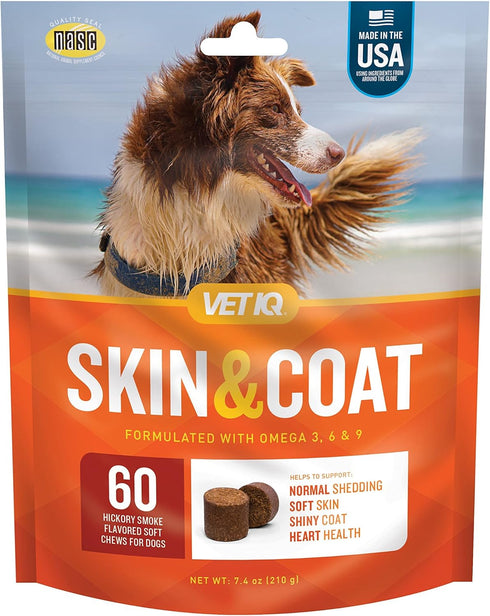 VetIQ Skin and Coat Supplement for Dogs, Maintains Healthy Skin and Shiny Coat, Hickory Smoke Flavor, 60 Count
