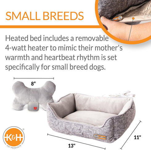 K&H Pet Products Mother's Heartbeat Heated Dog Bed with Bone Pillow, Heartbeat Puppy Toy, Gray 11 X 13 Inches