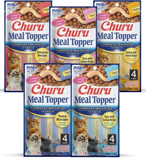 INABA Churu Meal Topper for Cats, Complete & Balanced, Creamy Lickable Purée Cat Food Topper, 0.5 Ounce Tube, 20 Tubes
