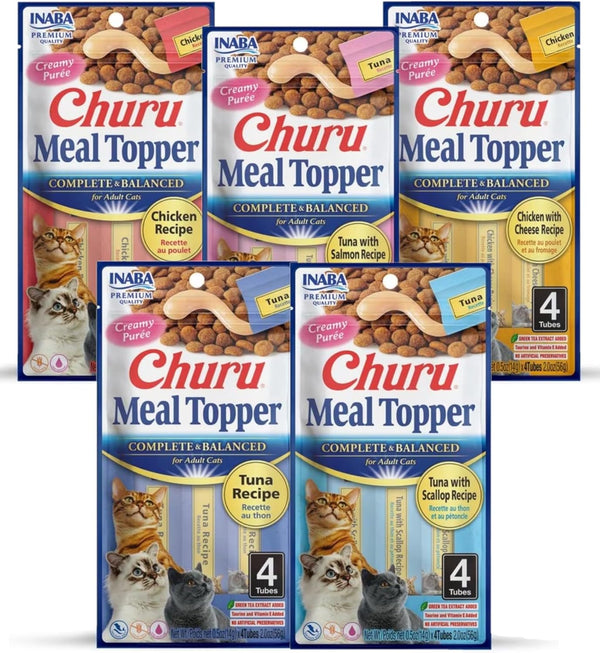 INABA Churu Meal Topper for Cats, Complete & Balanced, Creamy Lickable Purée Cat Food Topper, 0.5 Ounce Tube, 20 Tubes