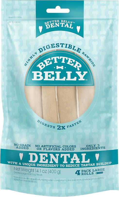 Better Belly Highly Digestible Rawhide Dental Chews, 4 Count - No Artificial Colors or Flavors for Dogs