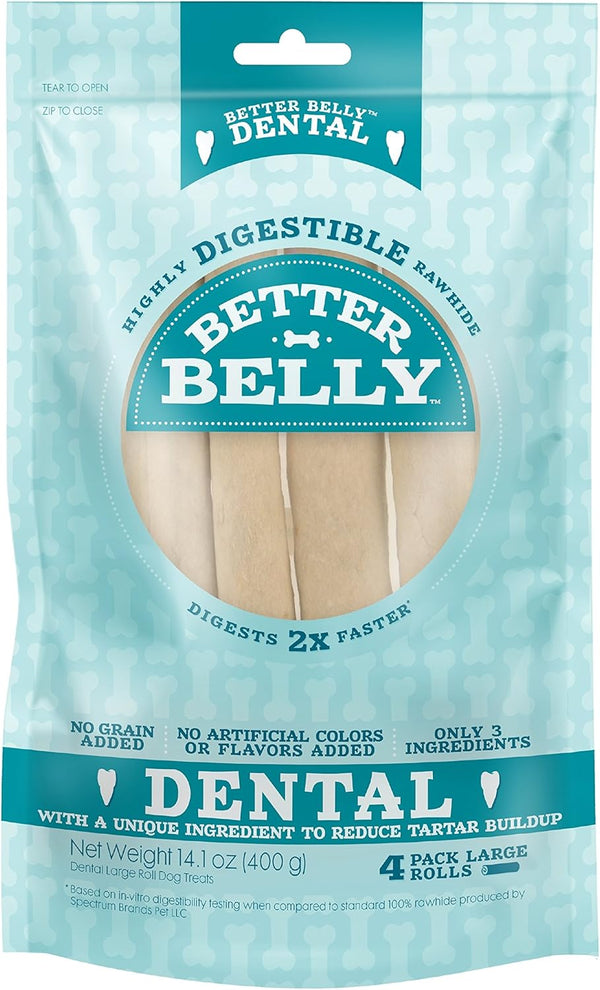 Better Belly Highly Digestible Rawhide Dental Chews, 4 Count - No Artificial Colors or Flavors for Dogs