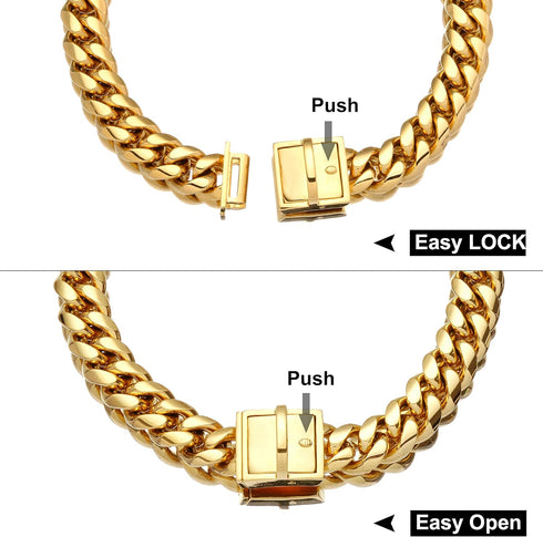 Jewelry Kingdom Gold Dog Chain Collar with ID Tag - 18K Stainless Steel Cuban Link (15MM, 26")
