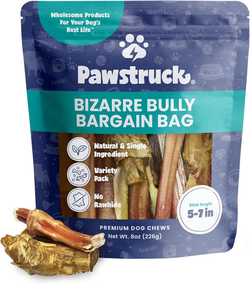 Pawstruck Natural Bizarre Bully Sticks Bargain Bag for Dogs and Puppies – Variety Pack of 5–7" Long-Lasting Beef Chew