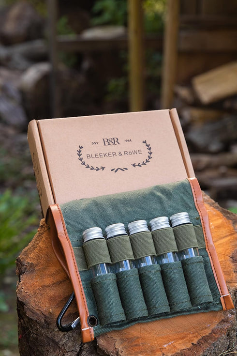 BLEEKER & RWE Bushcraft Camping Spice Kit Portable with Glass Jars, Funnel and Carabiner Great