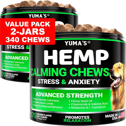 YUMA'S (2 Pack) Hemp Calming Chews for Dogs, Advanced Dog Calming Treats, 340 Chews for Anxiety Relief and Stress