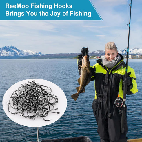 ReeMoo Premium Fishing Hooks, 500PCS/100PCS, 10 Sizes/4 Sizes Carbon Steel Fishing Hooks with Portable Plastic Box,