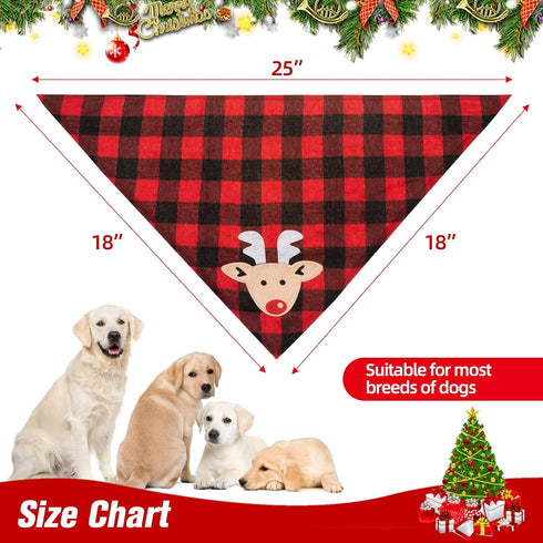 PAWCHIE 2 PCS Christmas Dog Bandanas with Handmade Applique (Santa Claus & Elk), Washable Plaid Scarfs