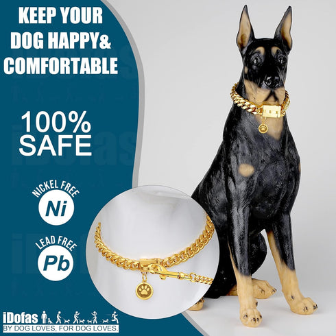 14mm Gold Cuban Link Dog Chain Collar with Snap Buckle, 18K Gold Plated Stainless Steel for Small Medium Large Dogs