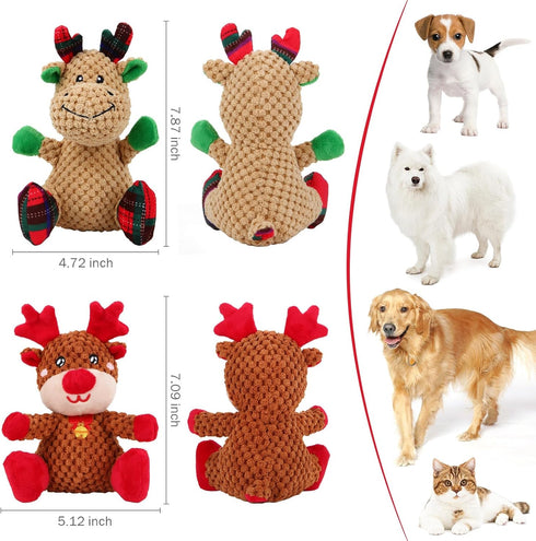 2 Pack Christmas Squeaky Plush Dog Toys for Small Medium Dogs, Durable Stuffed Toys Include Cute Elk