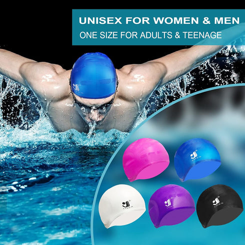 Unisex Swim Caps, 2 Pack Silicone Swimming Caps for Short/Long Hair with Ear Plugs & Nose Clip