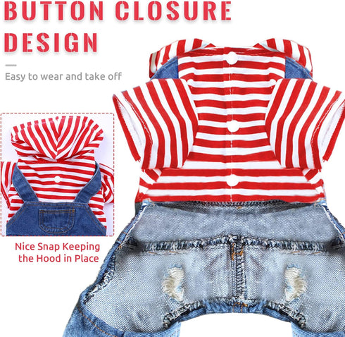 Small Dog Hoodie Clothes Cute Stripe Shirts Denim Jumpsuit One-Piece Outfit for Small Medium Dogs Cats Boy Girl