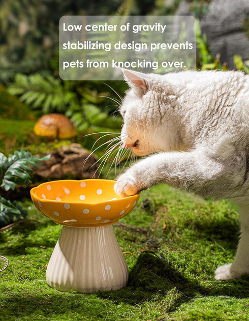Cute Mushroom Elevated Cat Bowl, Ceramic Cat Food and Water Bowls, Wide Shallow Dish, Whisker Fatigue (Yellow)