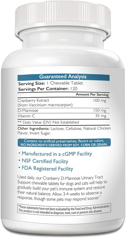 Cranberry D-Mannose for Dogs, UTI Support, Immune Health Supplement, 150 Chewable Tablets for Bladder
