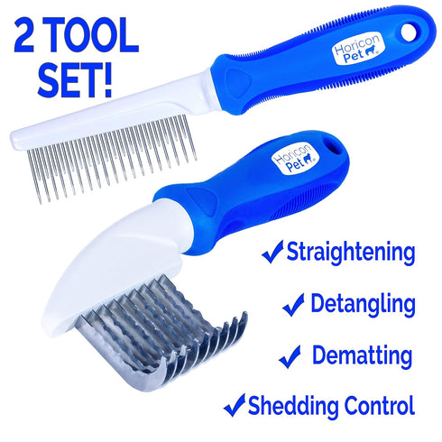 2 In 1 Dematting Razor Comb and 37 Pin Detangling Pet Comb Set for Dogs & Cats, Removes Knots & Tangles