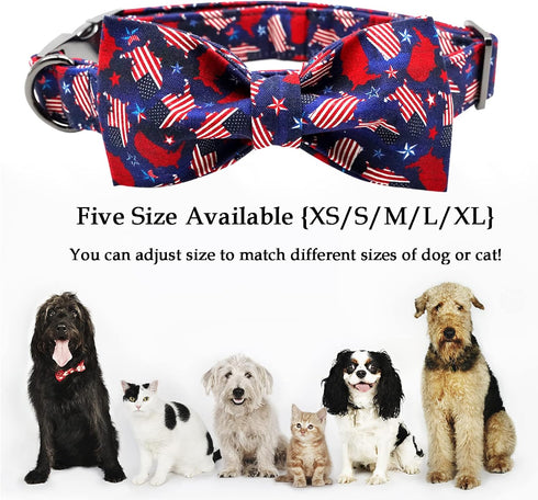 Dog Collar, 4th of July Independence Day American Flag Bowtie Collar for Small Medium Large Dogs, Durable Pet Bow Collar