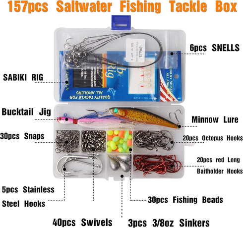 Saltwater Fishing Tackle Kit - Surf Fishing Gear Set Includes Lures, Bait Rigs, Swivel, Hooks, Sinkers Weights, Wire