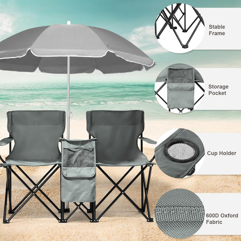 BIVVI 180lbs,Grey Double Camping Chair with Umbrella,Portable Folding Chair w/ Cup Holders,Cooler Bag,Pocket & Carry
