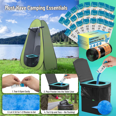LuckyNov 25 25 8 Pack Portable Toilet Bags with Poo Gels, Gallon Leak-Proof Camping Toilet Waste Bags Absorbent Gel