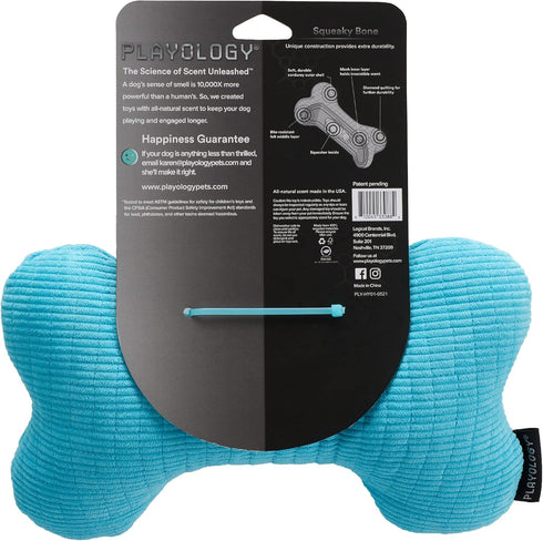 Playology Plush Squeaky Bone Dog Toy - All Natural Peanut Butter Scented, Interactive Squeaker for Large Dogs (35lbs &