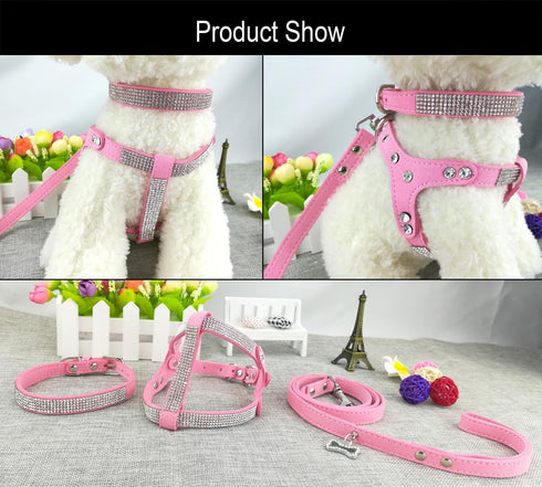 Fashion Dog Collar Set - Pink - Comfortable Soft Collar, Harness & Leashes for Dogs, Diamante Design, Size S