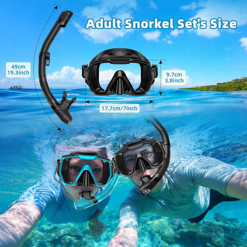 Snorkel Set for Adults, Anti-Leak and Anti-Fog Gear, Tempered Glass Lens, Dry Top Snorkel Kit with Carry Bag