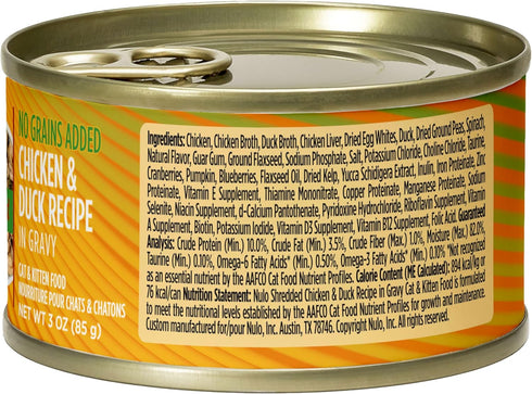3oz (24 Pack) Nulo Wet Canned Cat Food - Shredded Chicken & Duck, High Protein Grain-Free Wet Cat Food Shreds
