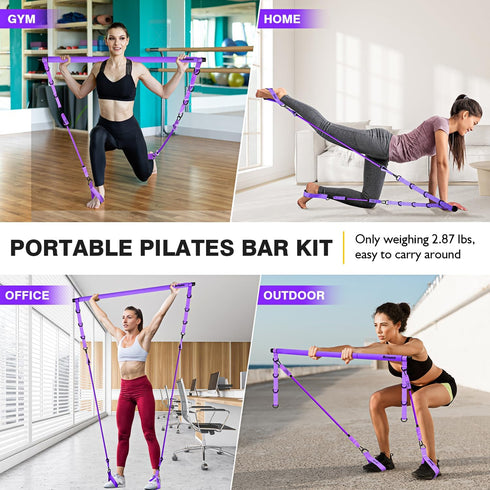Pilates Bar Kit with Resistance Bands - Adjustable 3-Section Equipment for Legs, Hip, Waist, Arm Workouts